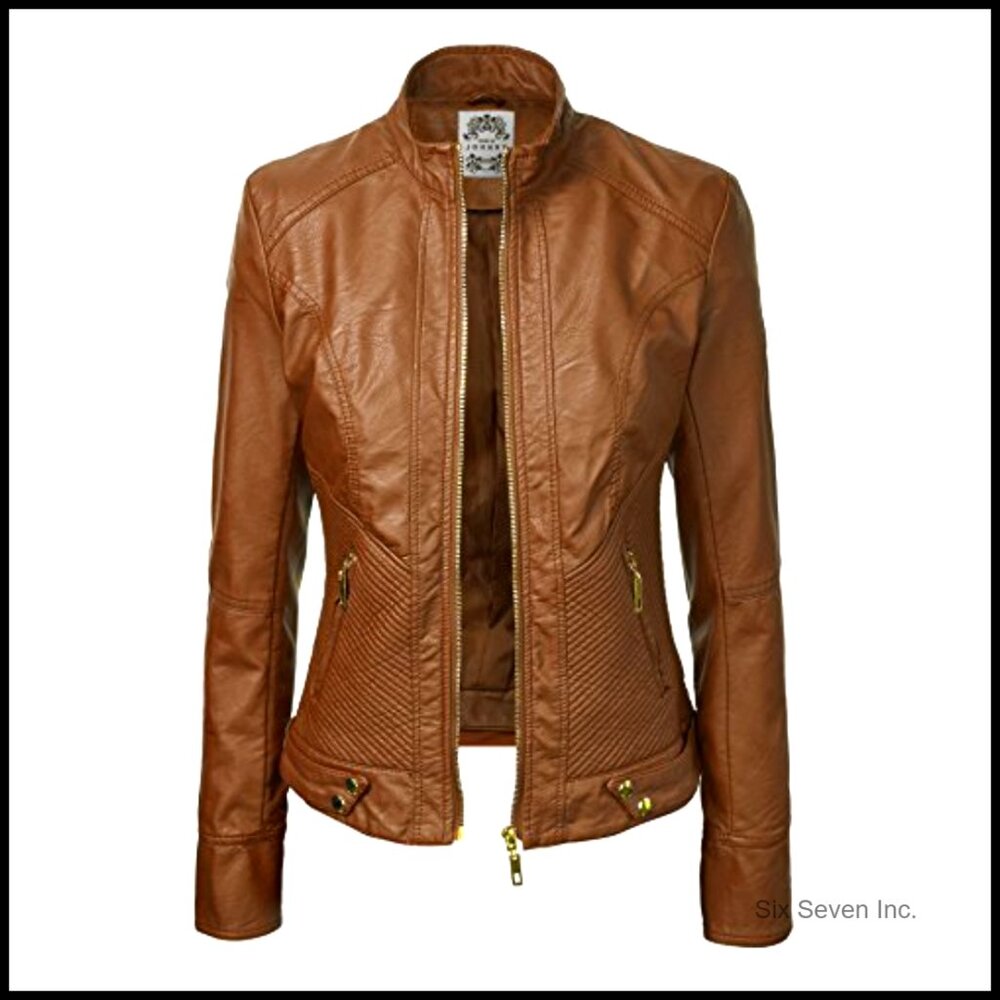 Slim Fit Vegan Leather Moto Jacket Women's Faux Leather Biker Coat - Picture 7 of 7
